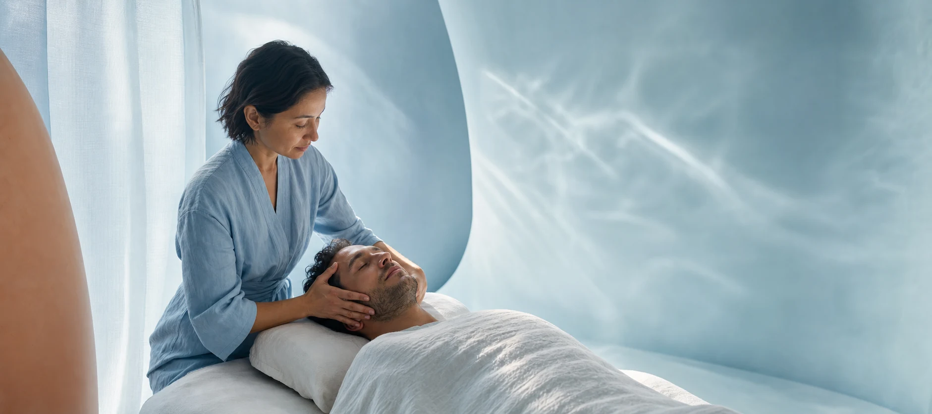 Gentle head and neck massage in a luminous blue studio
