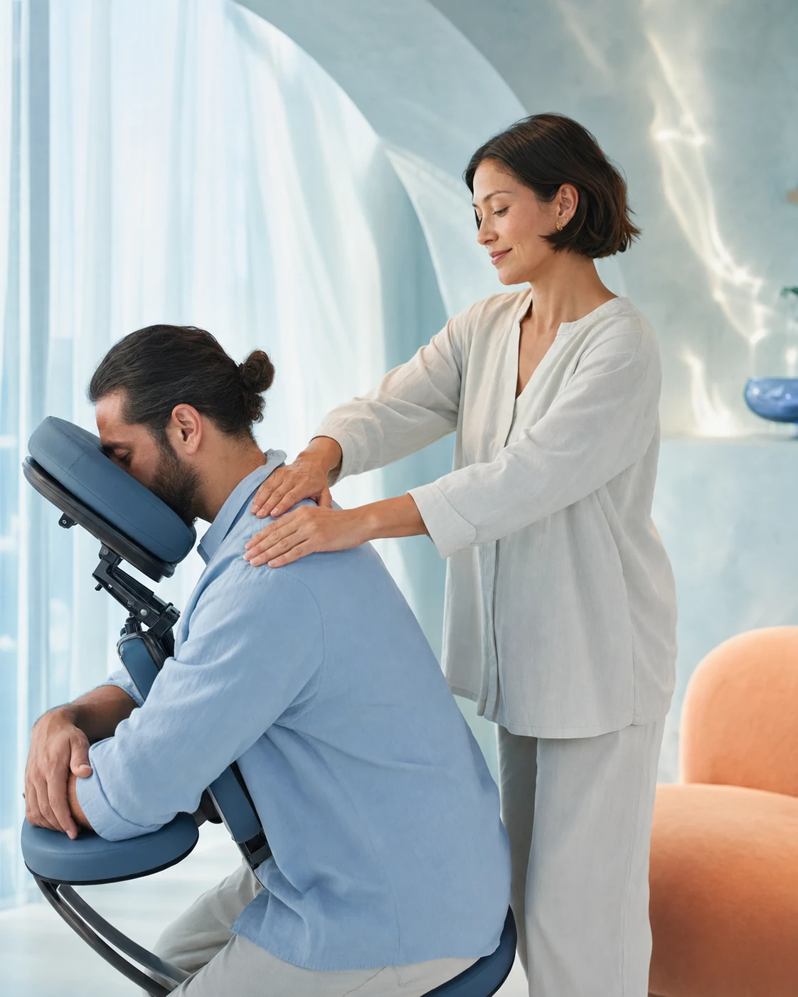 Professional seated shoulder massage in a luminous studio